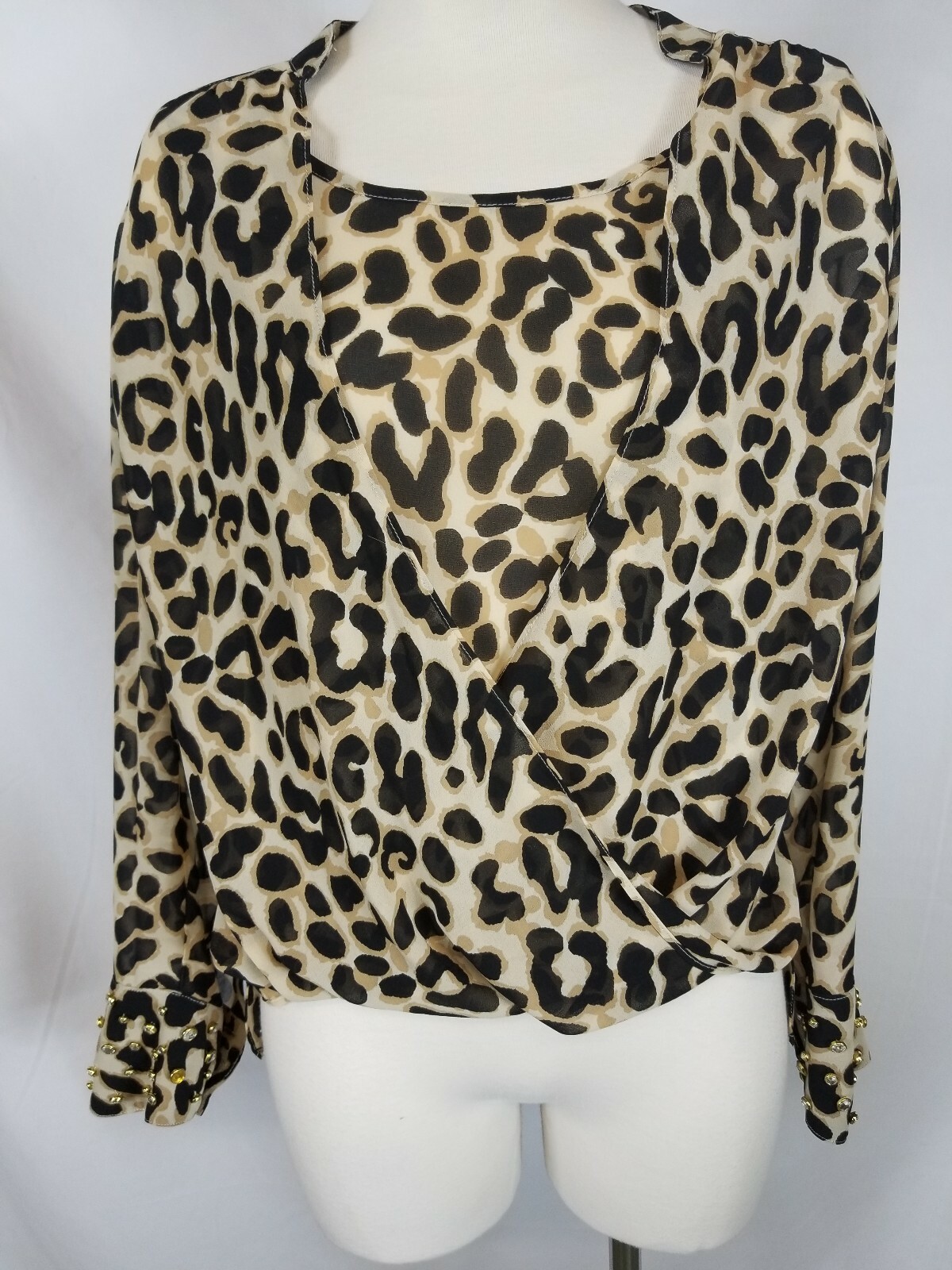 Womens XOXO Leopard Print Blouse Longsleeve Top sz Medium W/ Rhinestones
