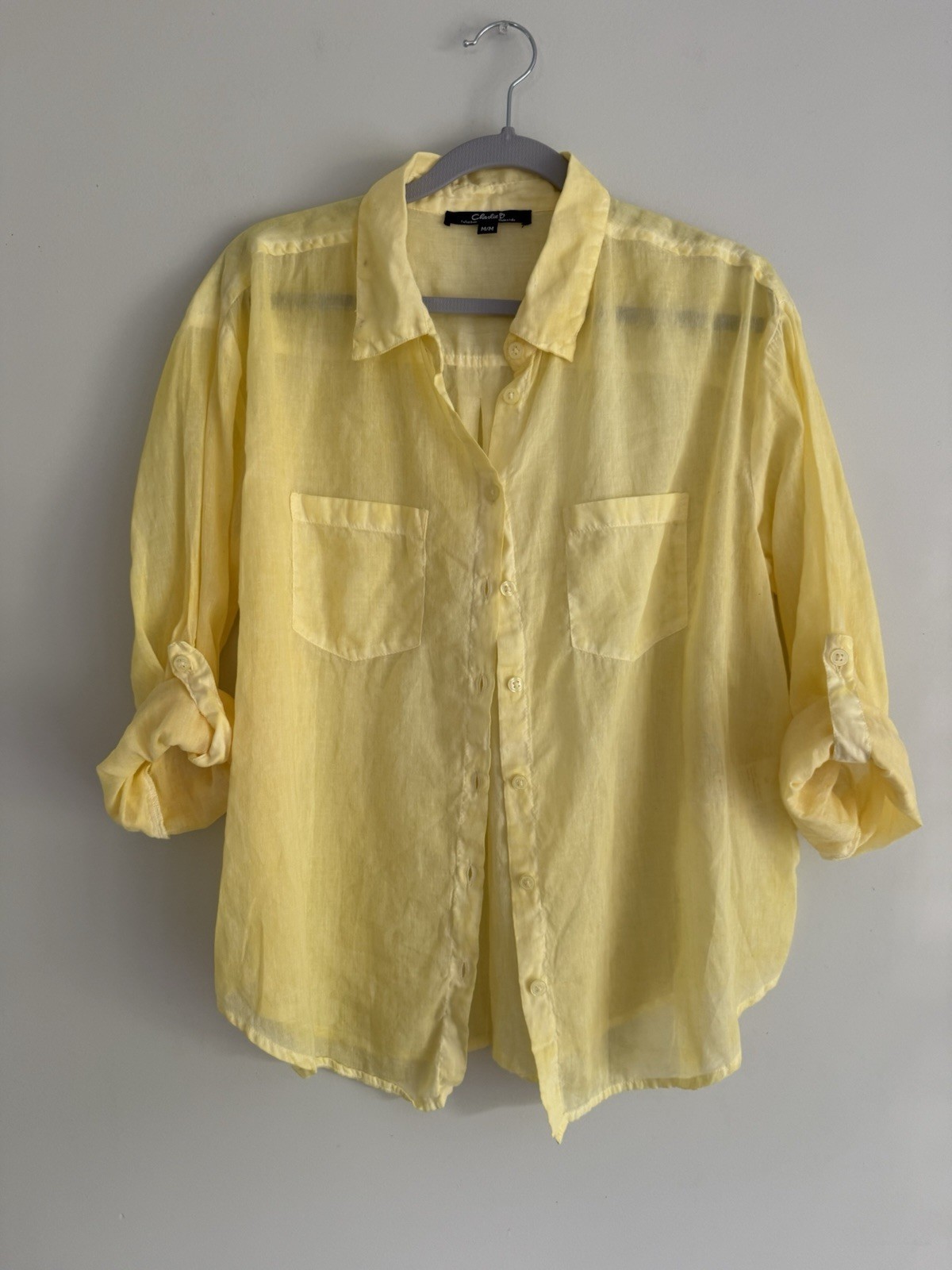 CHARLIE Cotton Shirt Blouse Sheer Yellow Ramie Pockets Roll-Up Sleeves MEDIUM