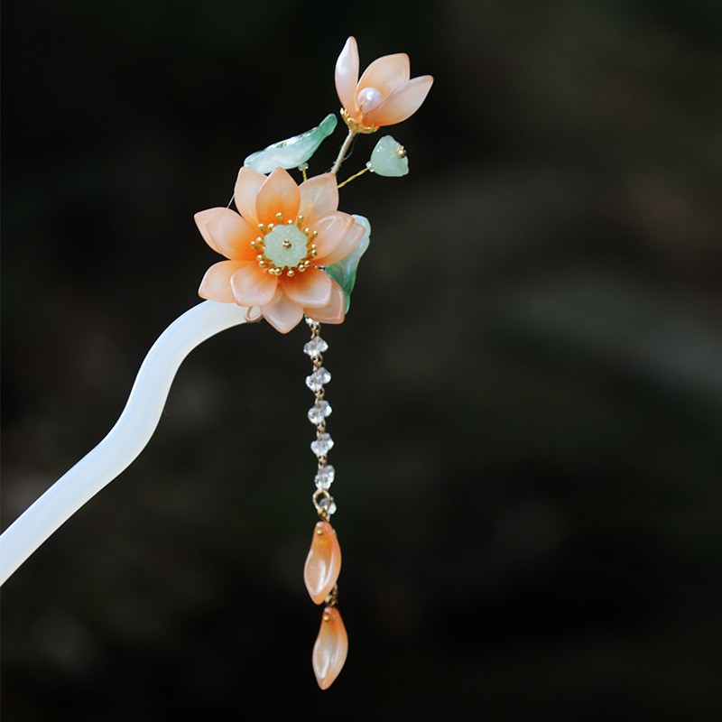 White Lotus Tassel Hairpin Traditional Chinese Hair Stick Hair Accessories Hanfu