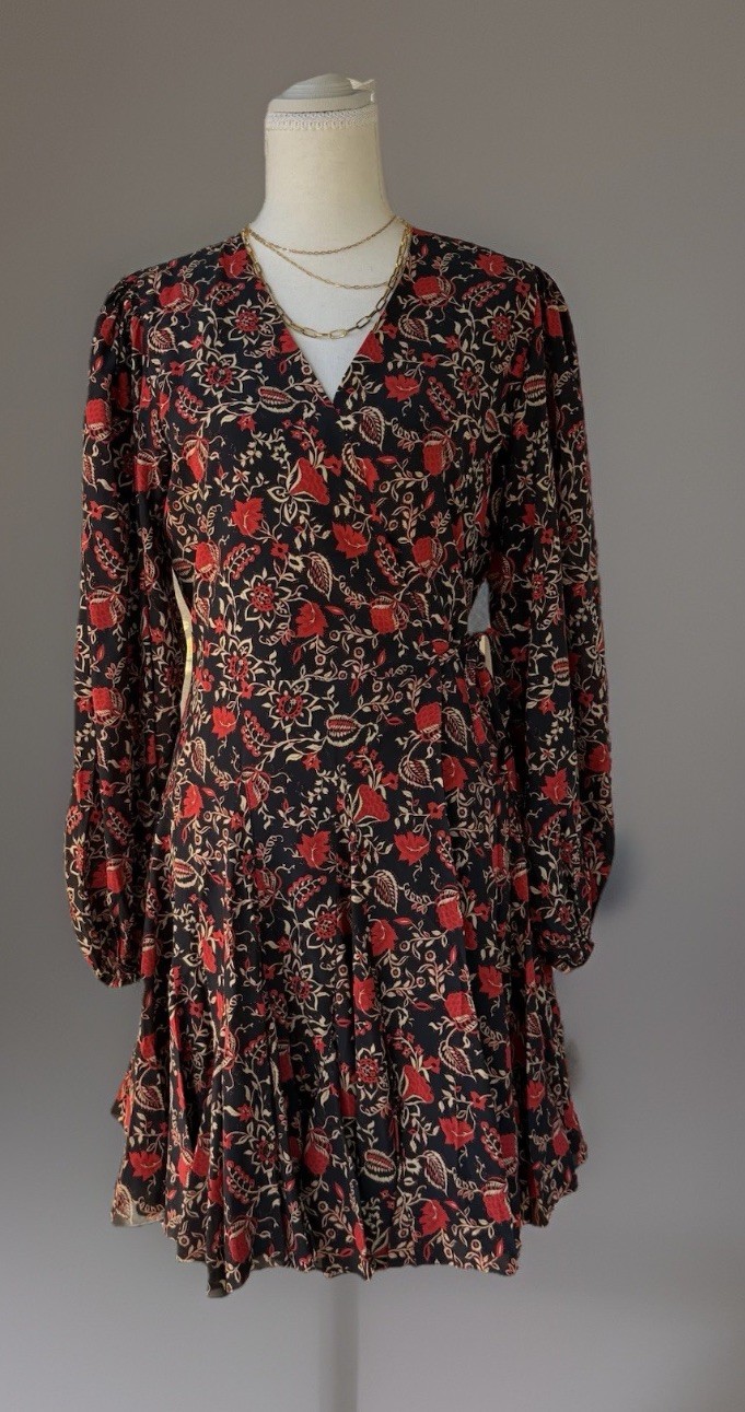 NWT RHODE Caro Black Red Cream Floral Fit & Flare Wrap Dress Long Puff Sleeve S