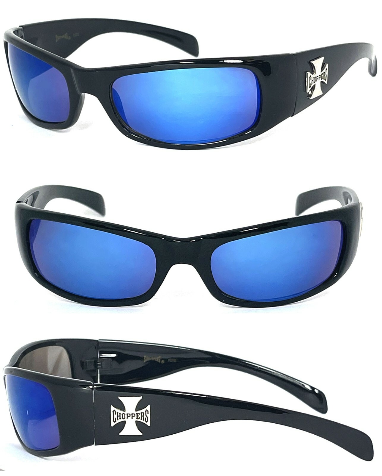 Choppers Biker Men UV400 Sunglasses Black Frame Blue Flash Mirror Lens C11B