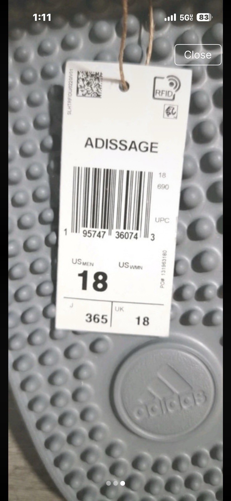 adidas Adissage Slide Sandals Men’s US 18 Gray/White Rubber Slip-On