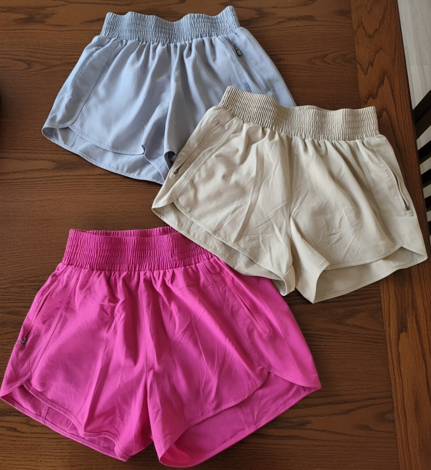 Women’s M Athletic 3-Pack Running Shorts Pink Beige Light Blue Zip Pockets