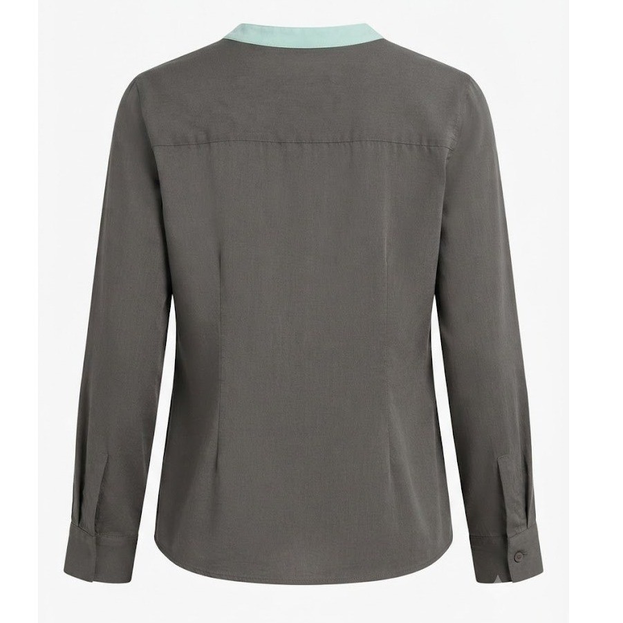 Soft Surroundings Silk Blouse XL Blue Gray Mint Green Trim Button Front- IW