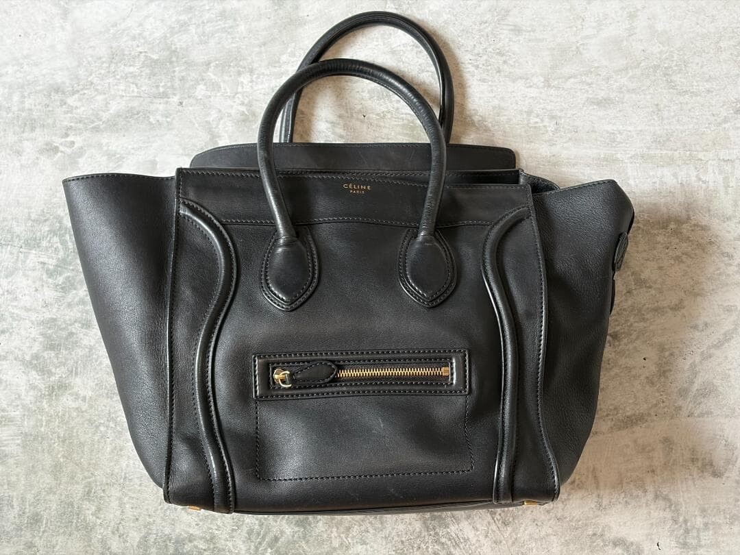 CELINE Luggage Black Leather Gold Hardware Tote Handbag Auth