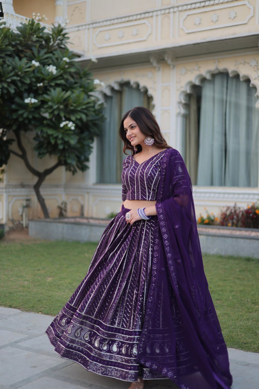 Purple Designer Dyeable Pure Viscose Jacquard fabric Lehenga Choli & Dupatta Set