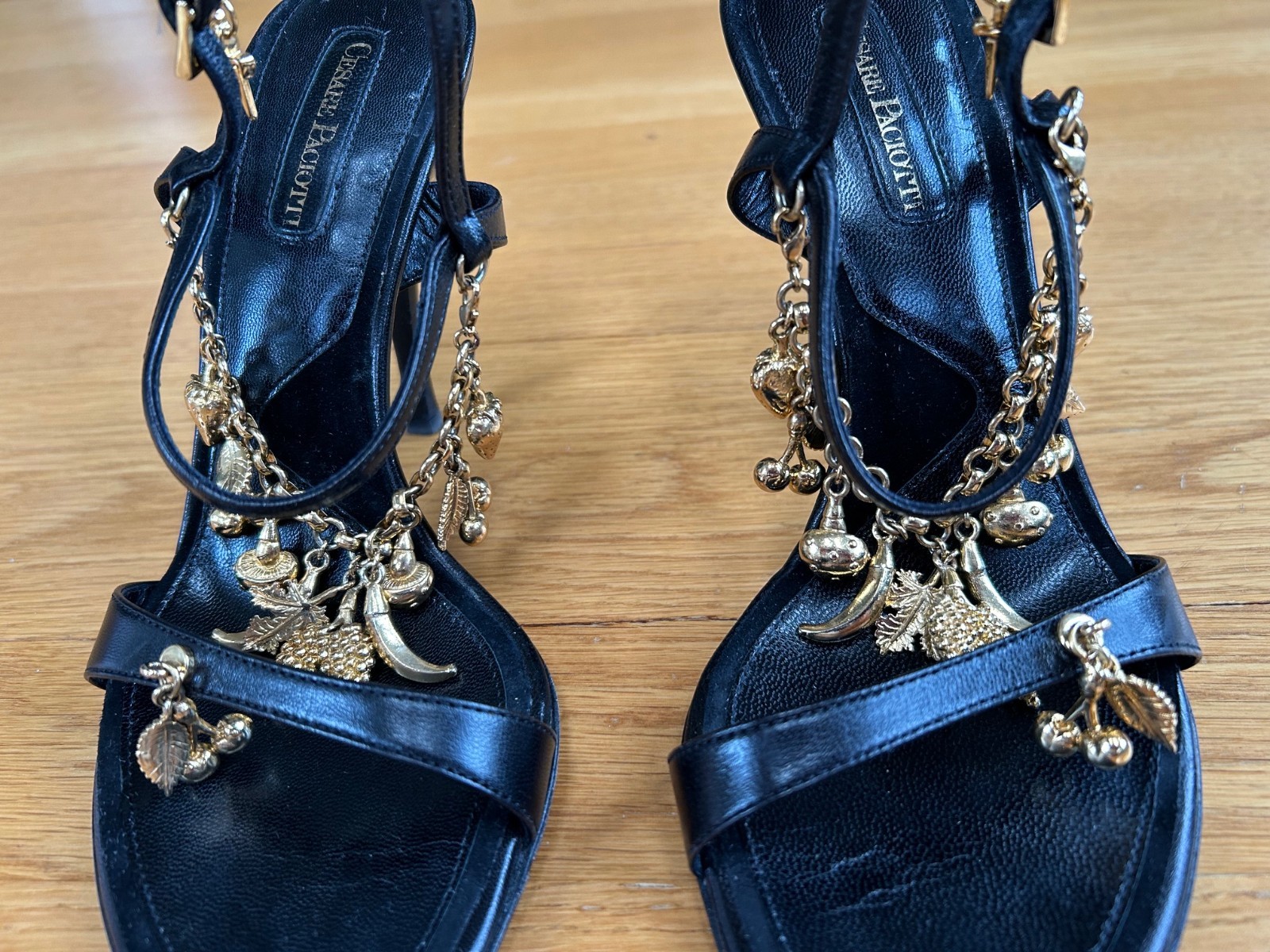 CESARE PACIOTTI Black Leather Charm-Embellished Slingback Sandals IT 37 Good Box