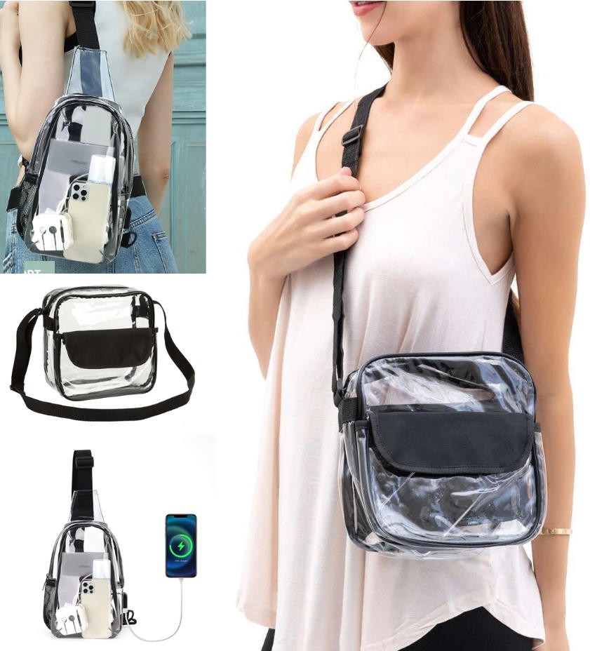 Clear USB Tote Bag PVC Zipper Stadium Approved Shoulder Handbag Purse Chest