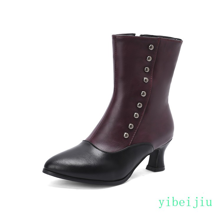 Womens Low Kitten Heel Patchwork Ankle Boots Buttons Leather Shoes Two Tone 2026