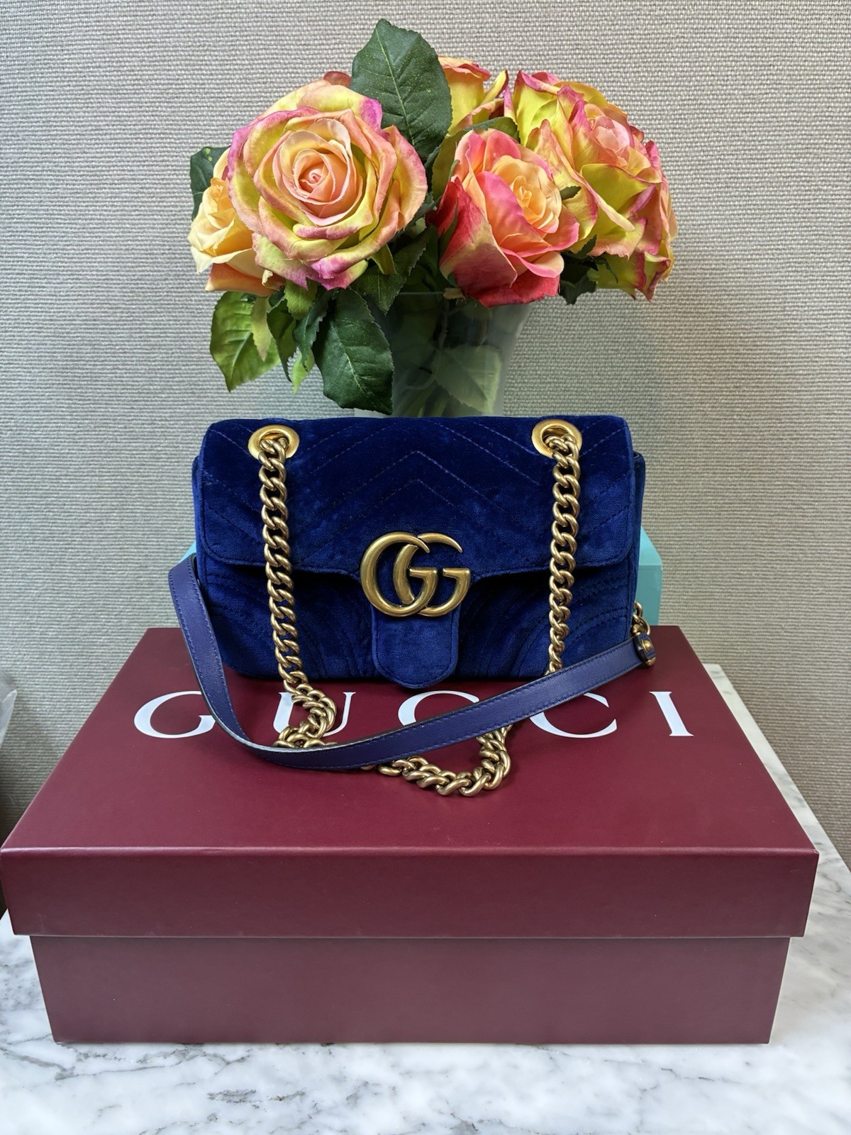 Gucci Marmont Blue Velvet Quilted Shoulder Bag – Excellent Pre Loved Condition