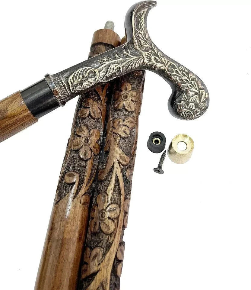 Brass Foldable Walking Stick Cane Wooden Brass Handle Gift for Men & Women