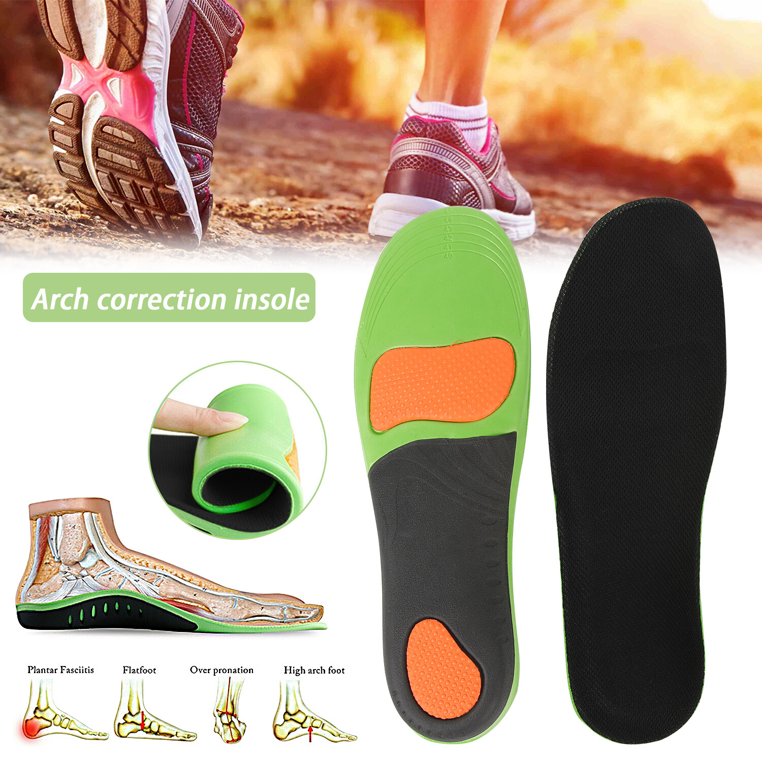 Ergonomic Insoles Gel Orthotic Running Insert Shoe Pad Arch Support Heel Cushion