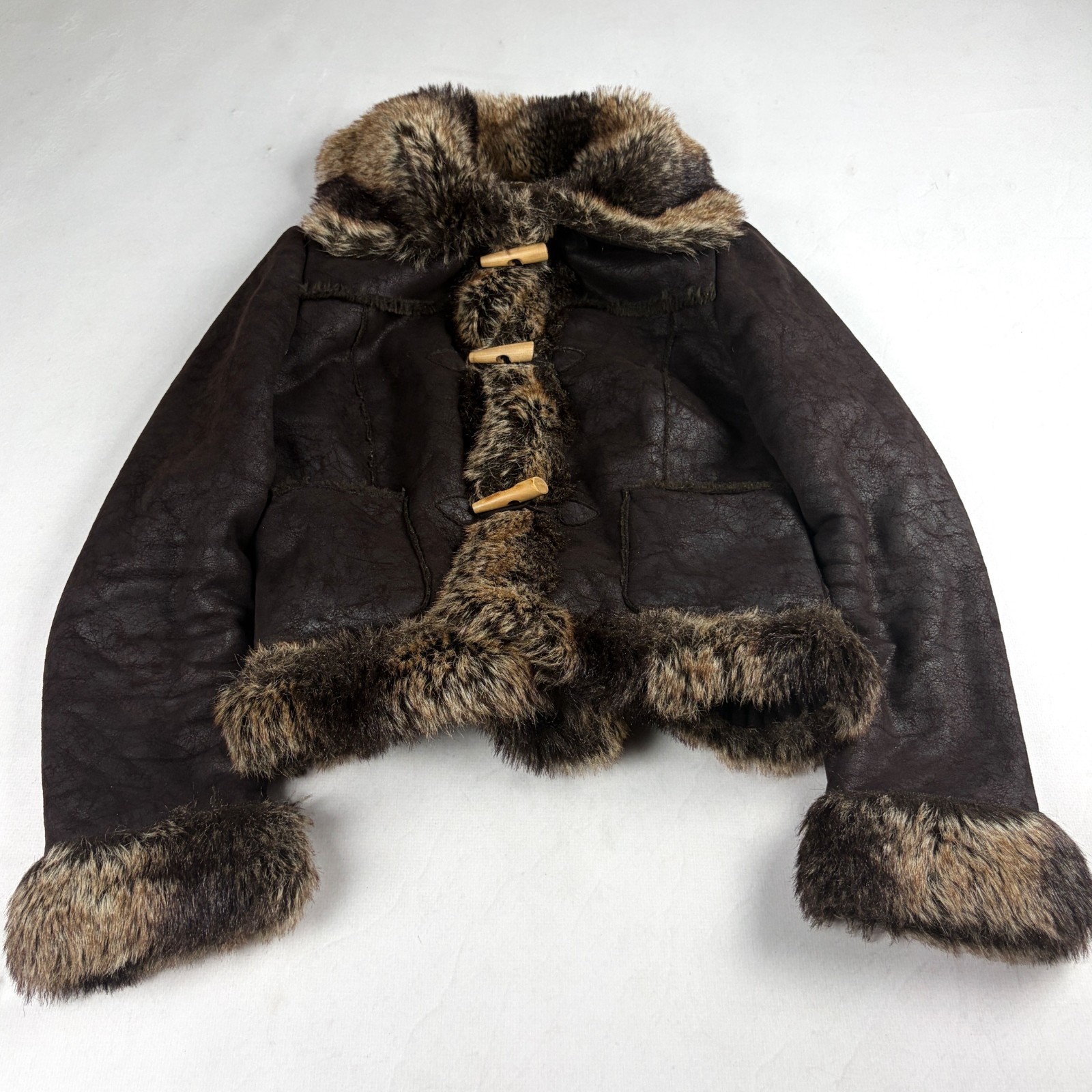 Vintage Faux Shearling Jacket Women’s Small Brown Toggle Button Winter Retro Y2K