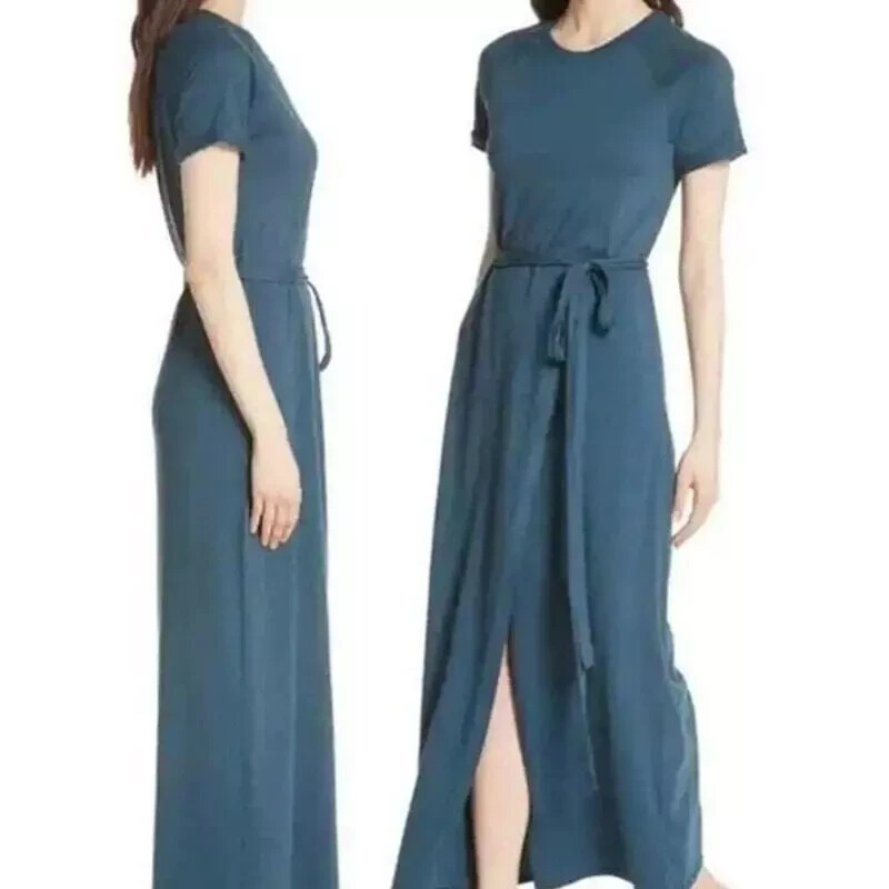 ELIZABETH AND JAMES Welles Faux Wrap Belted T-Shirt Maxi Blue Dress Large Cotton