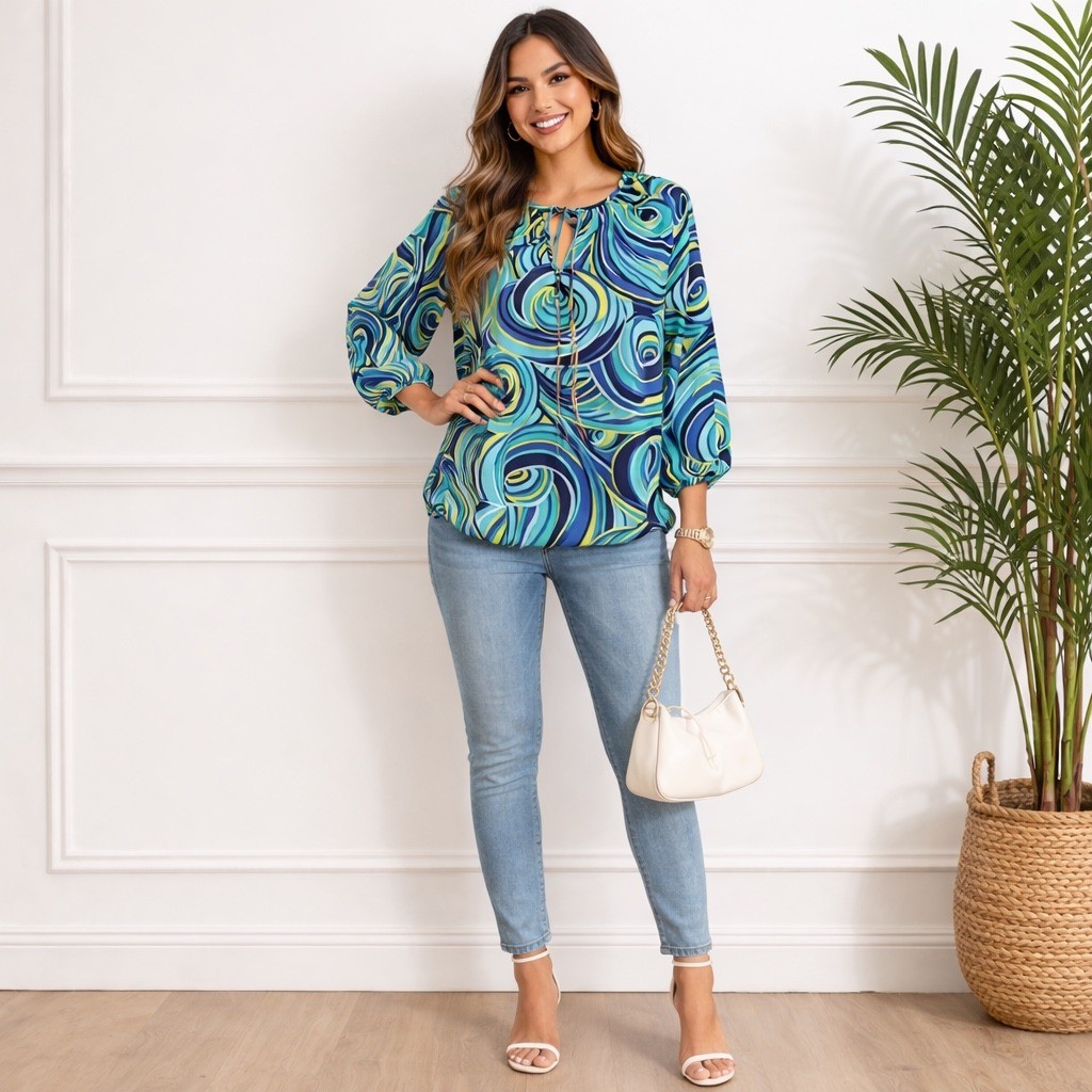 Y2K Psychedelic Swirl Blouse Blue Green Retro Mod Groovy Statement Flowy Top S