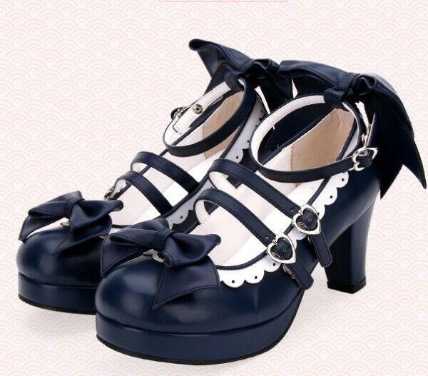 Lolita Women’s Mid Heel Cosplay Shoes Bowknot Platform Sweet Candy Shiny Leather