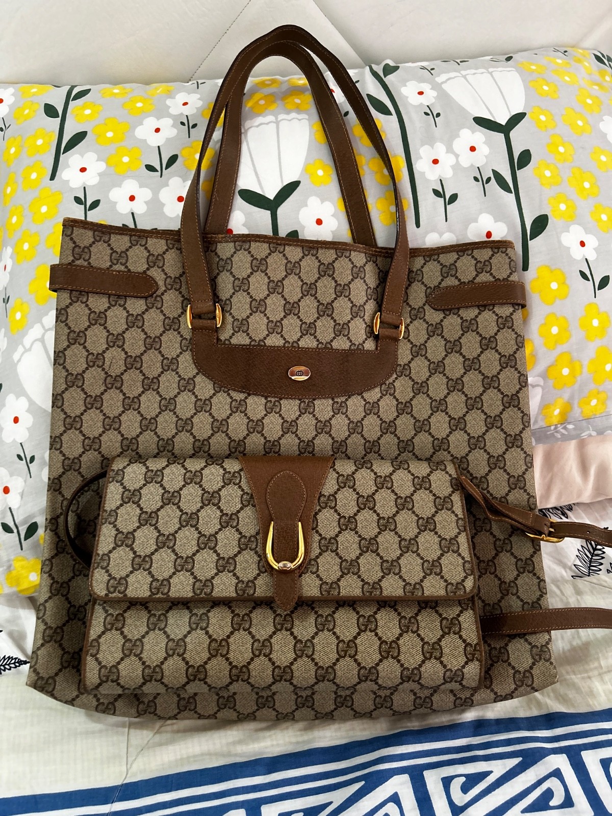 Vintage Gucci GG Monogram Canvas Tote Bag & Crossbody Purse Set Brown Leather