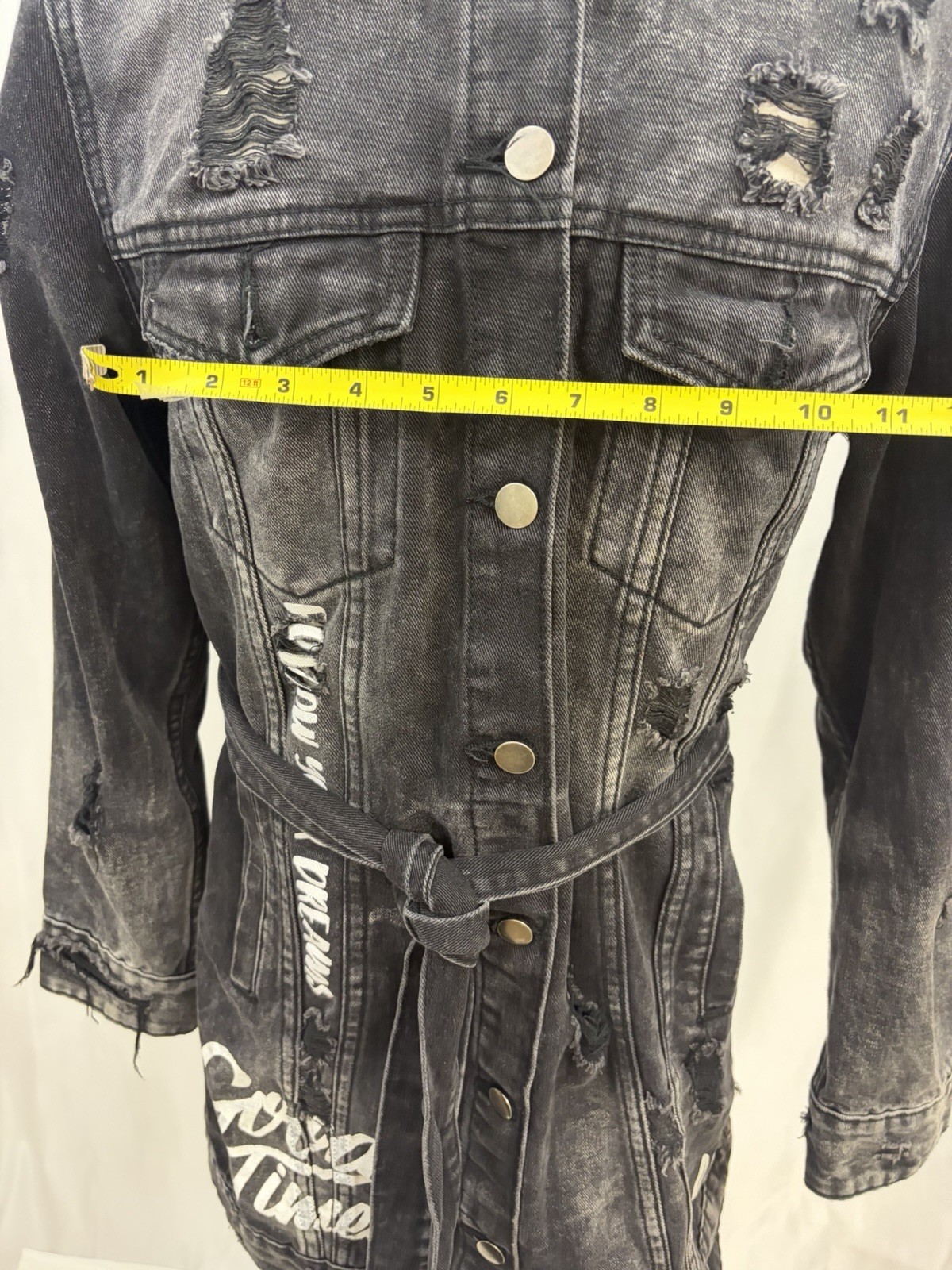 American Bazi Black Distressed Denim Jacket Dress Size M Belted Good Times