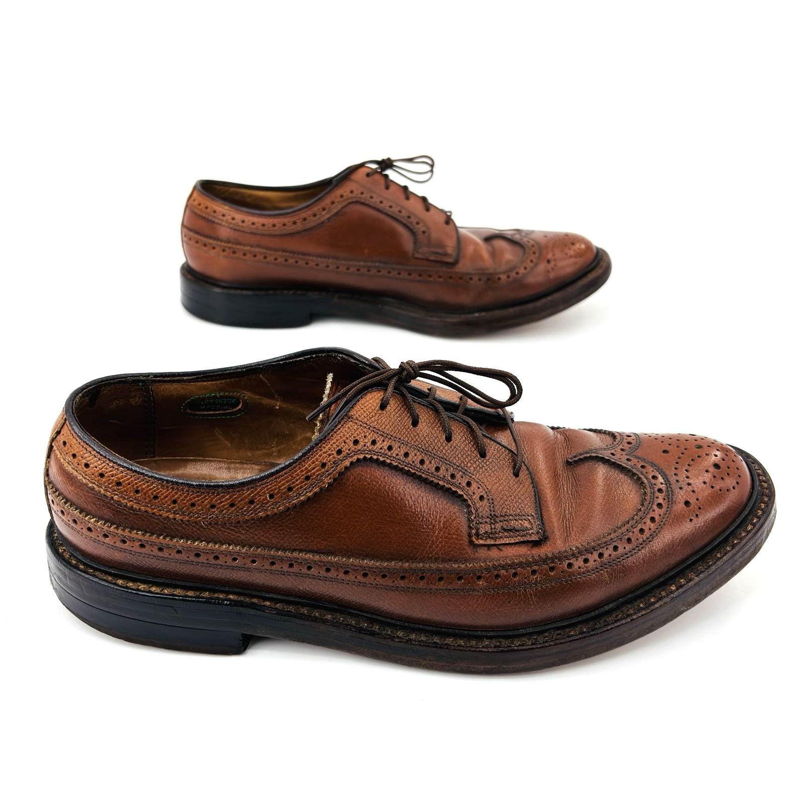 Men 9 D Vintage Florsheim Imperial Long Wingtip Dress Shoe Brown Leather V Cleat