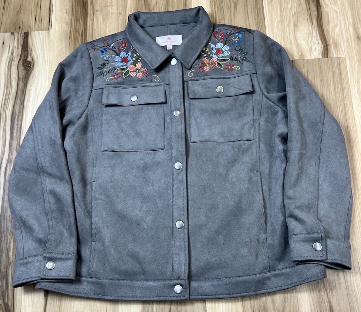Laurie Felt Blue Jacket Suede Embroidered Trucker Women’s Large Boho Shacket