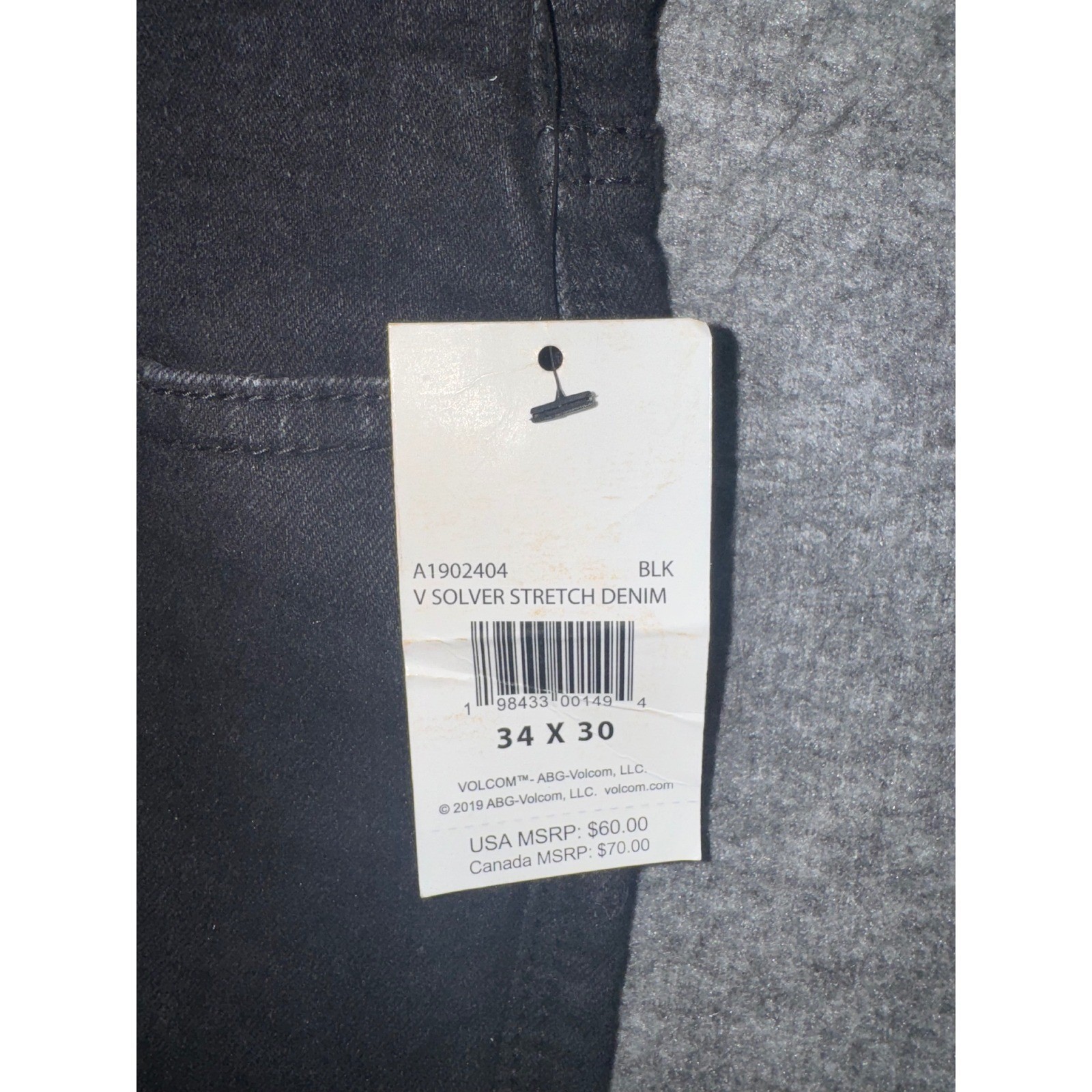 Volcom Mens Solver Modern Straight Stretch Denim Black Jeans Dark Wash 34×30 NEW