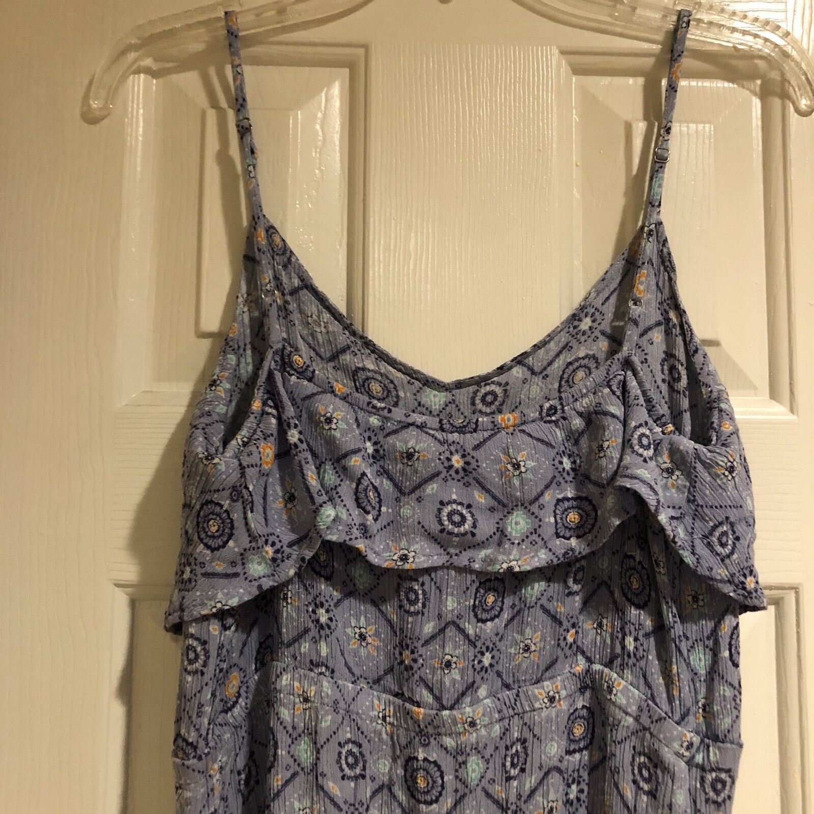 Mudd Blue Floral Maxi Dress Size Large Adj Straps Flounce Front Gauz Fabric Boho