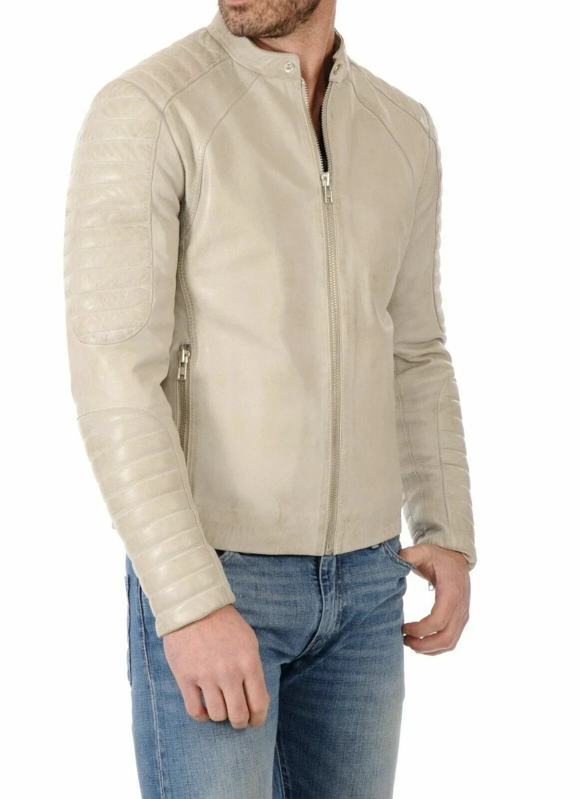 Men’s Cream Genuine Lambskin Leather Cafe Racer Quilted Motorcycle Casual Jacket
