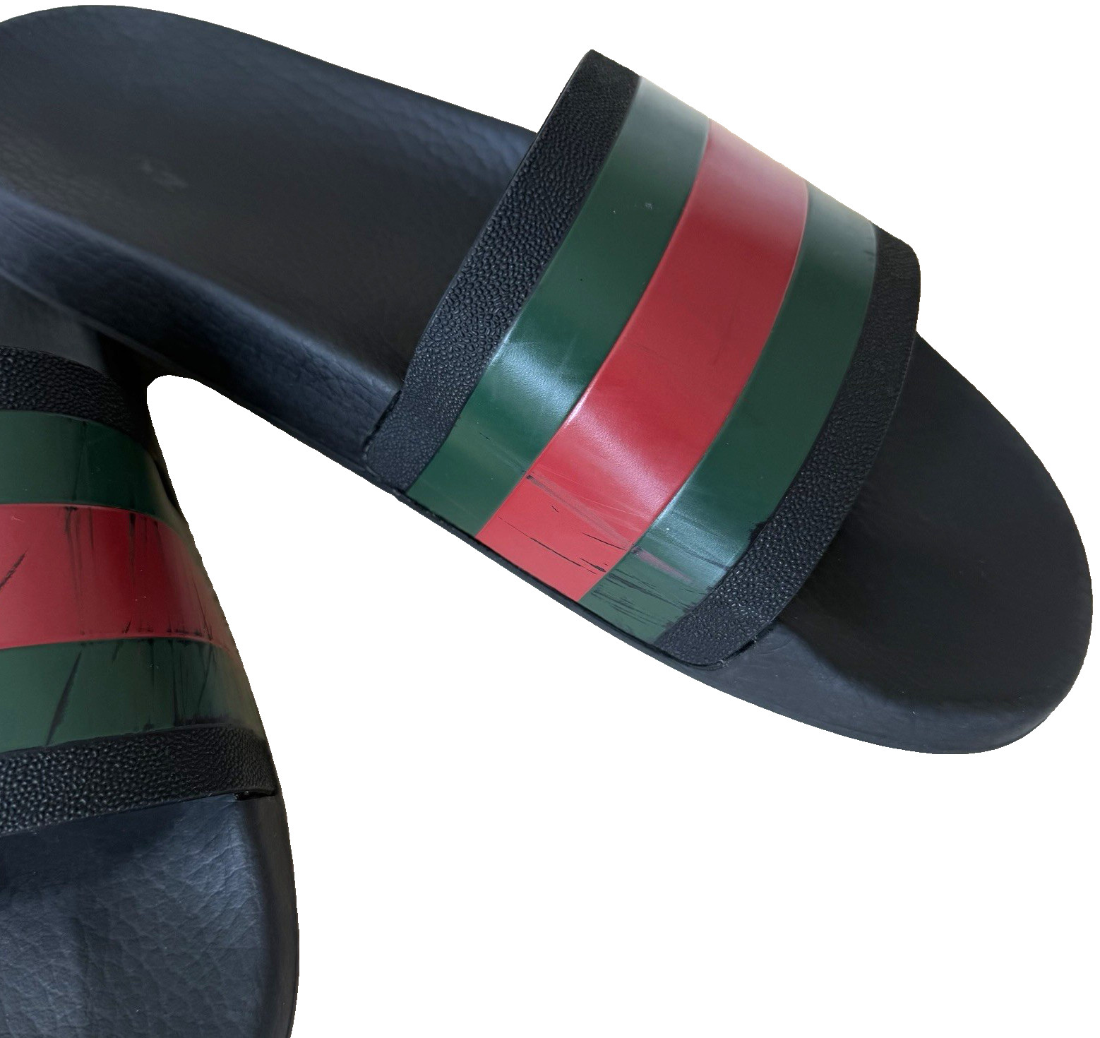 Gucci Web Rubber Slide Sandals Mens 9 Black Green Red Stripe Beach Pool READ