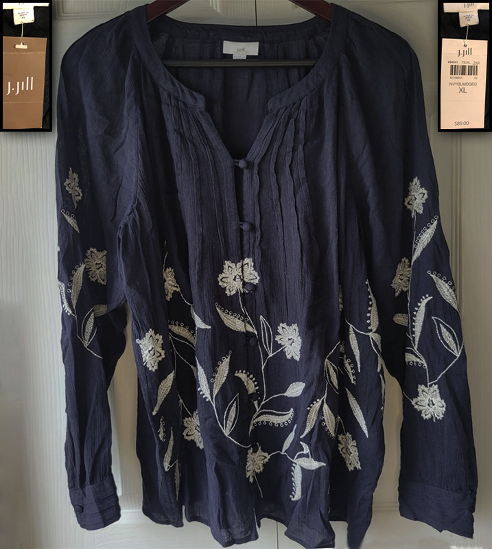 NWT! J JILL NAVY BLUE EMBROIDERED WHITE FLORAL PLEAT PINTUCK SHIRT TUNIC TOP XL