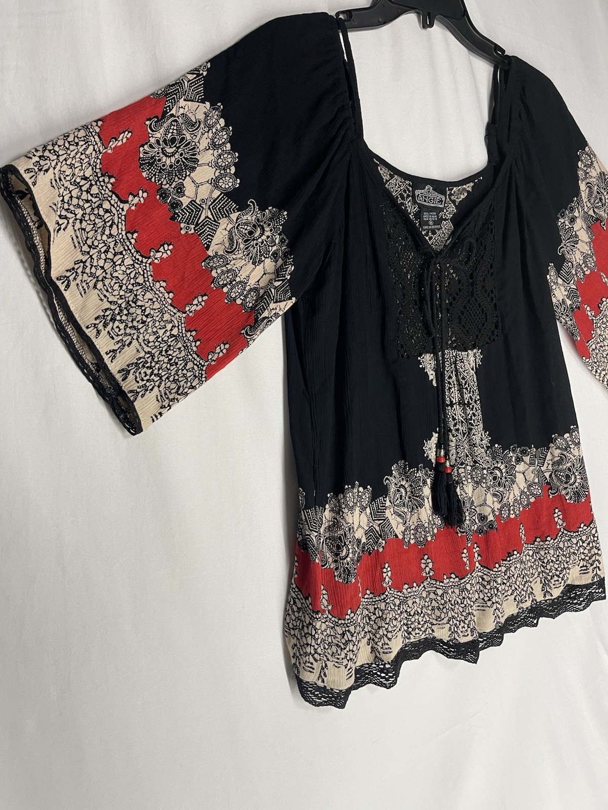 Angie Cold Shoulder Crochet Tassel Bell Sleeve Top Hippie Boho Size M Paisley