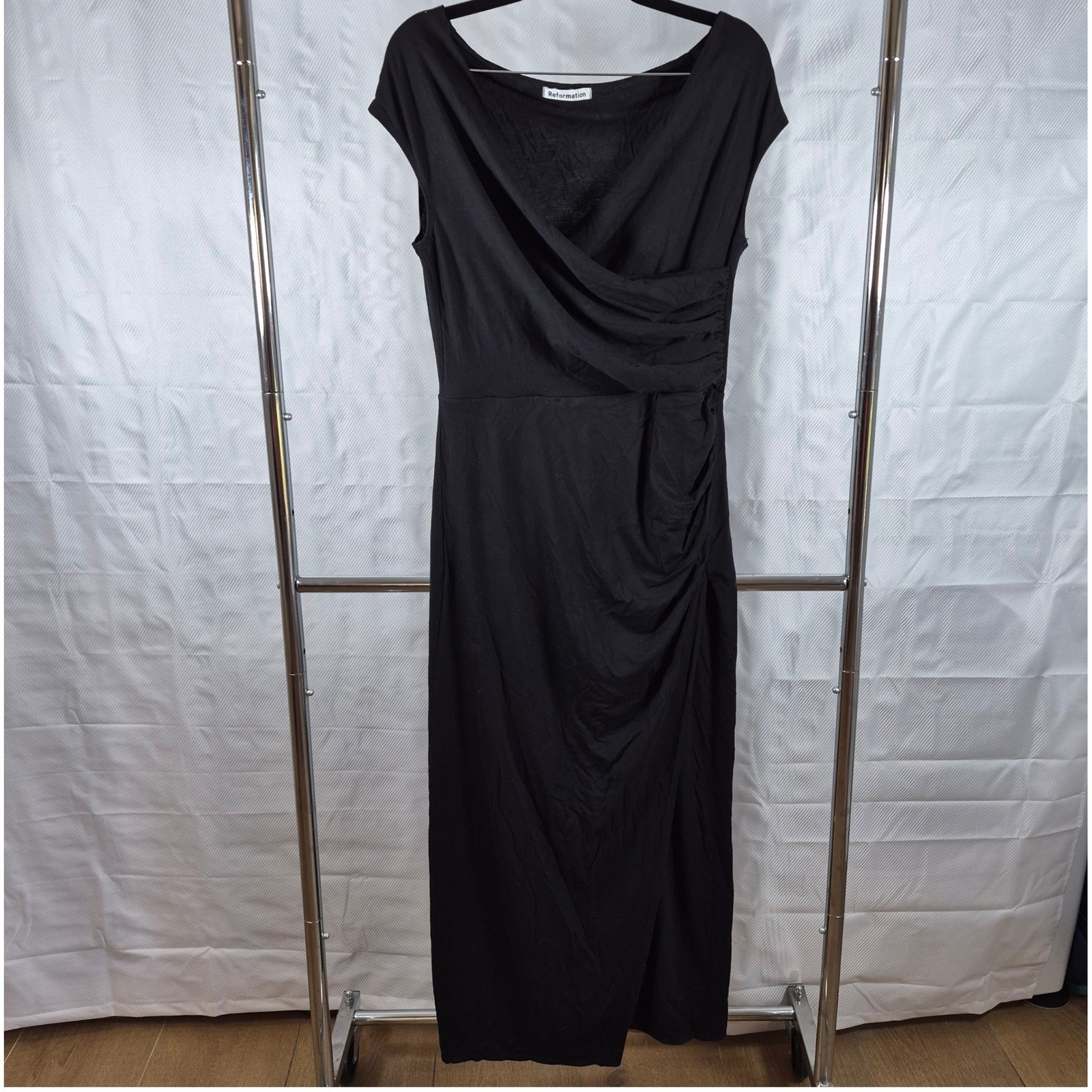 Reformation Midi Dress Ruched Faux Wrap Size L Black Women