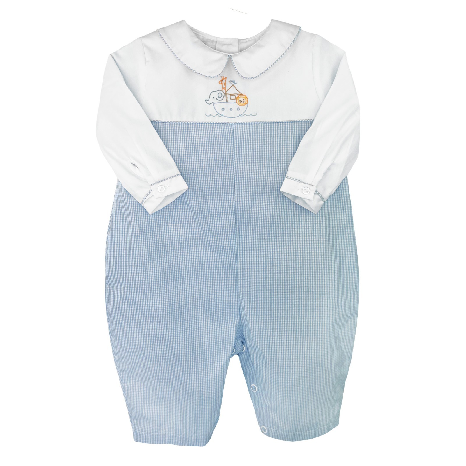 NWT Petit Ami Blue Noah’s Ark Longall Romper Baby Boys 6M 6 Months Gingham