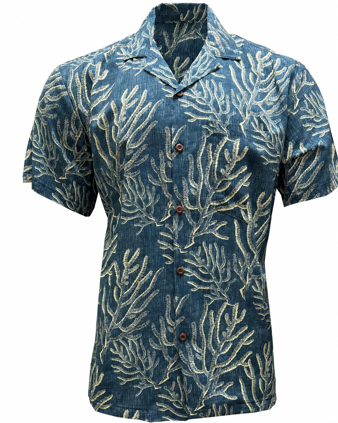Men’s Marine Blue Hawaiian Shirt Coral Reef Tropical Short Sleeve Button Up