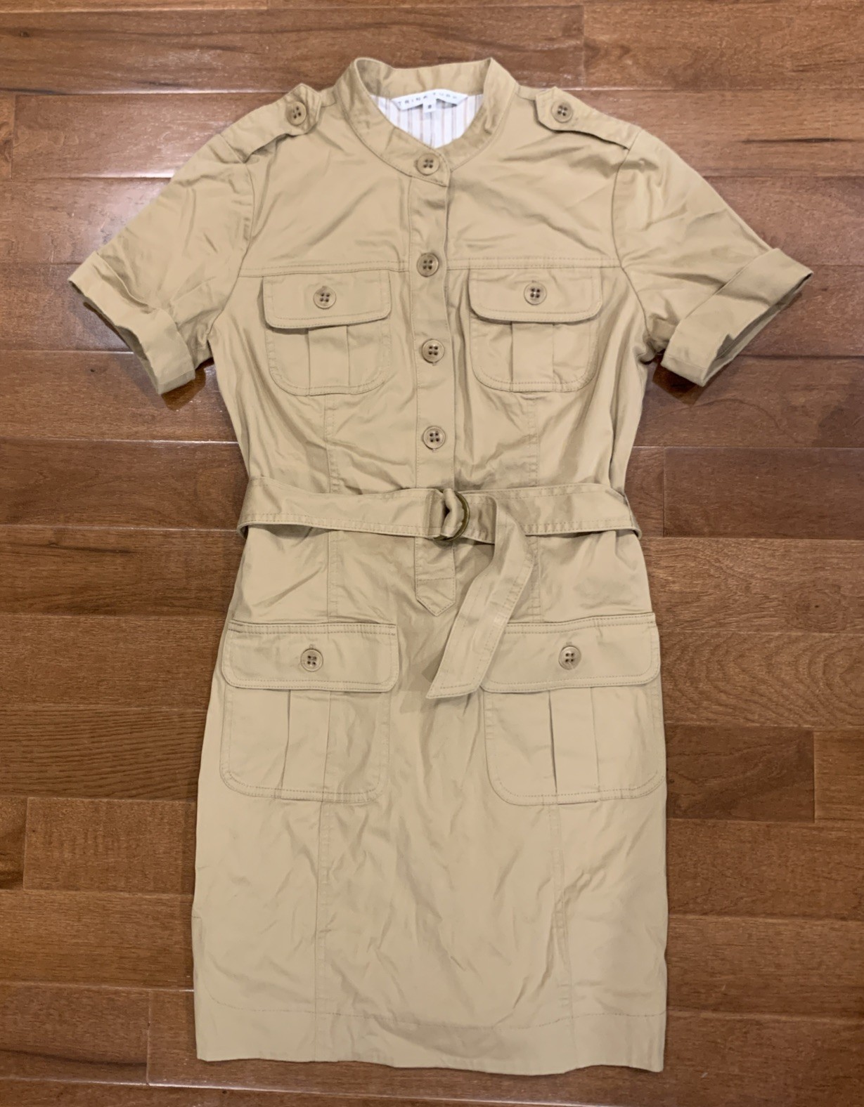 Trina Turk Safari Utility Shirt Dress Size 8 Khaki Belted Pockets Short Sleeve