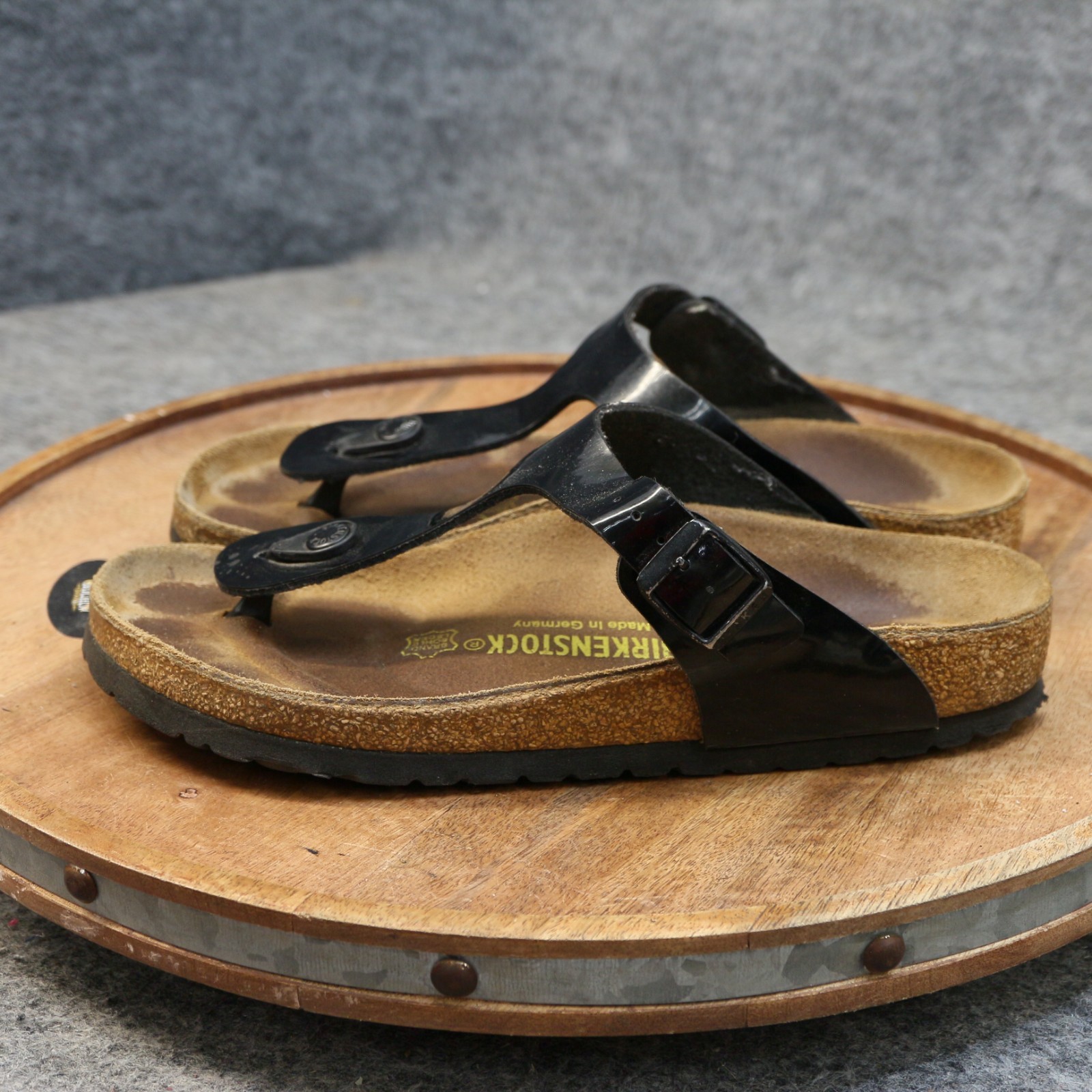 Birkenstock Womens Gizeh Black Patent Birko Flor Thong Sandals Size 38 US 7 Reg.