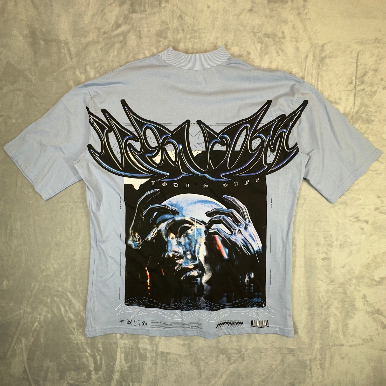 boohooMAN Oversized Photographic Print T-shirt Small Dusty Blue Cotton New