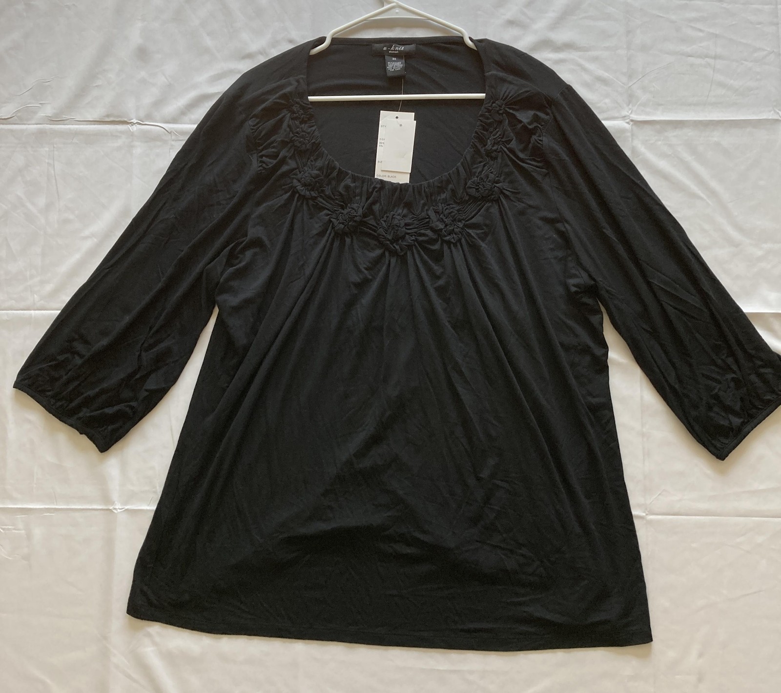Design History U-knit Top Women 3X Black Scoop Neck Rosette 3/4 Sleeve Tunic NWT