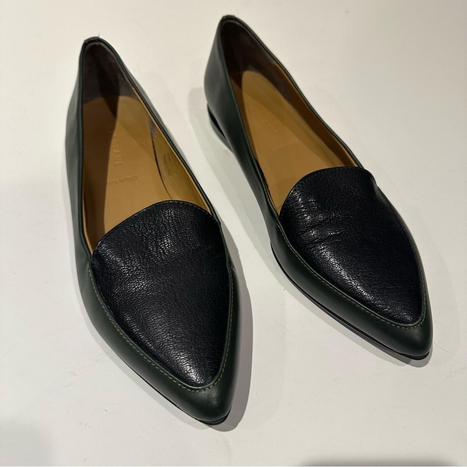 Everlane The Modern Point Flat Forest Green/ Black Leather Flats