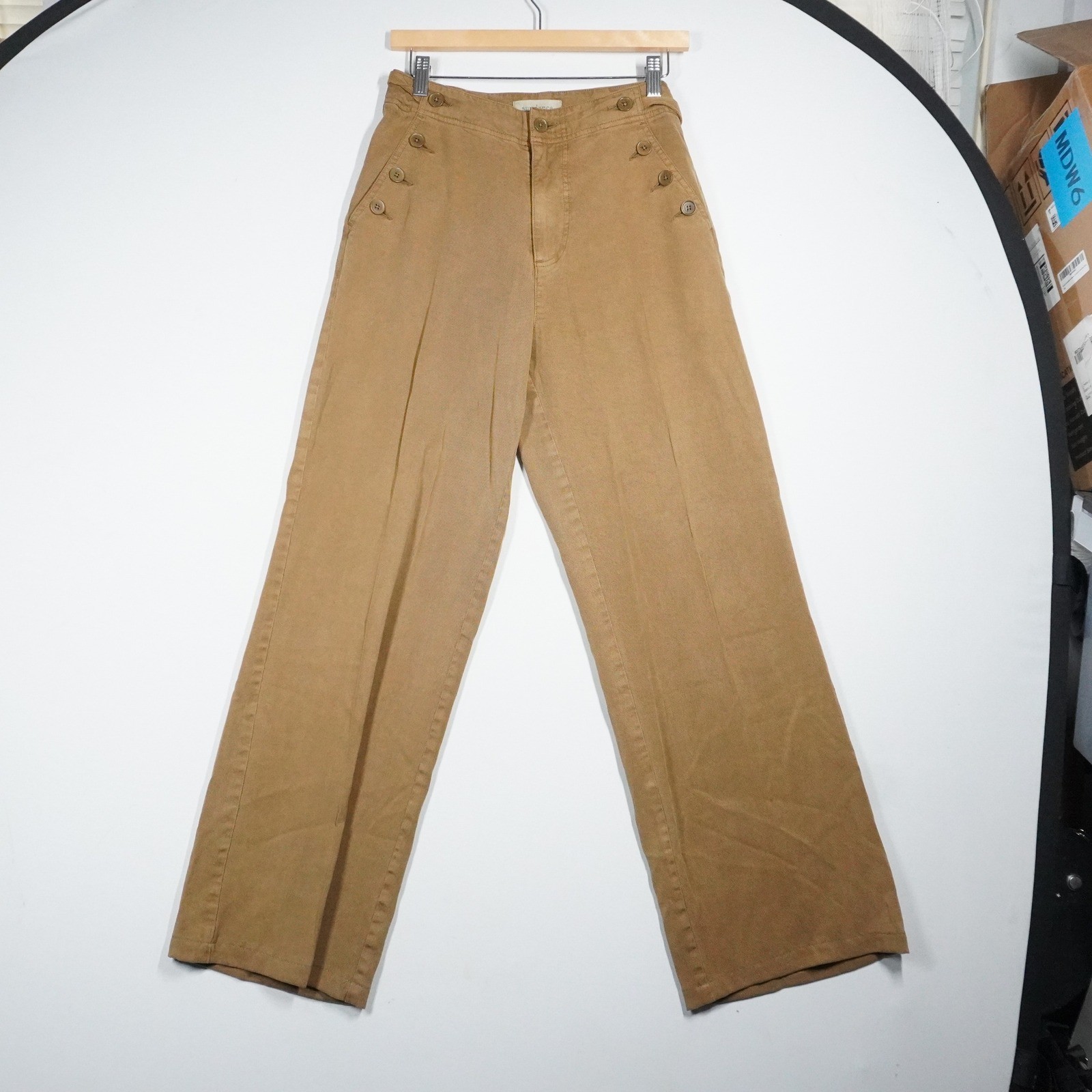 Sundance Camel Tan High Rise Wide Leg Sailor Button Pants Size 2 Nautical Retro