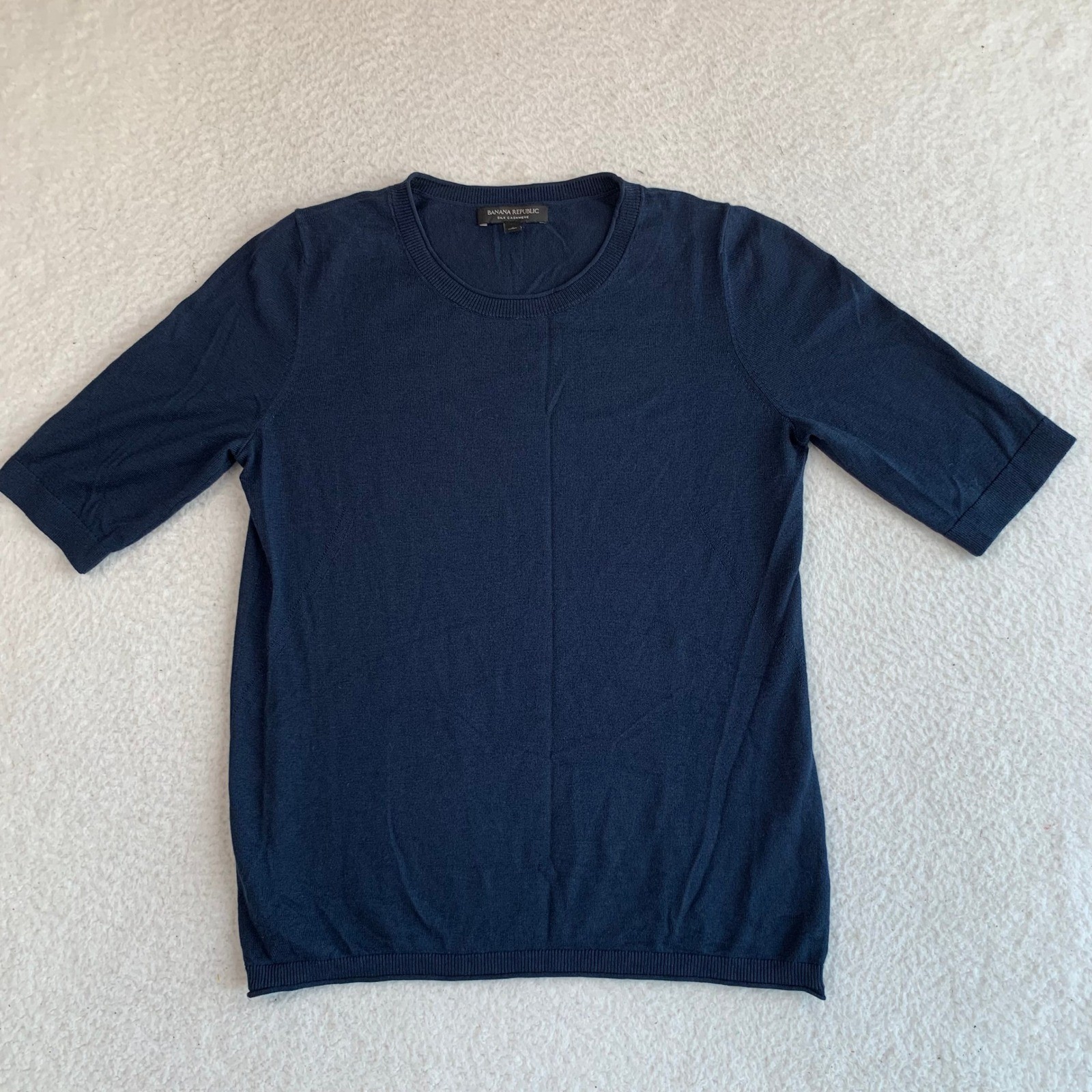 Banana Republic Silk Cashmere Sweater Size S Short Sleeve Navy Blue Crew Neck