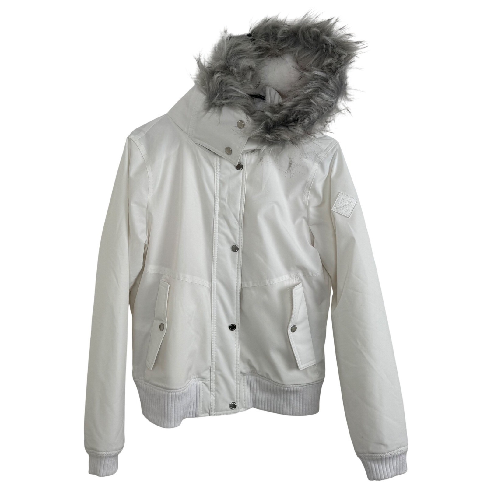 Hollister Womens White Faux Fur Trim Hooded Bomber Jacket Water Resistant Coat