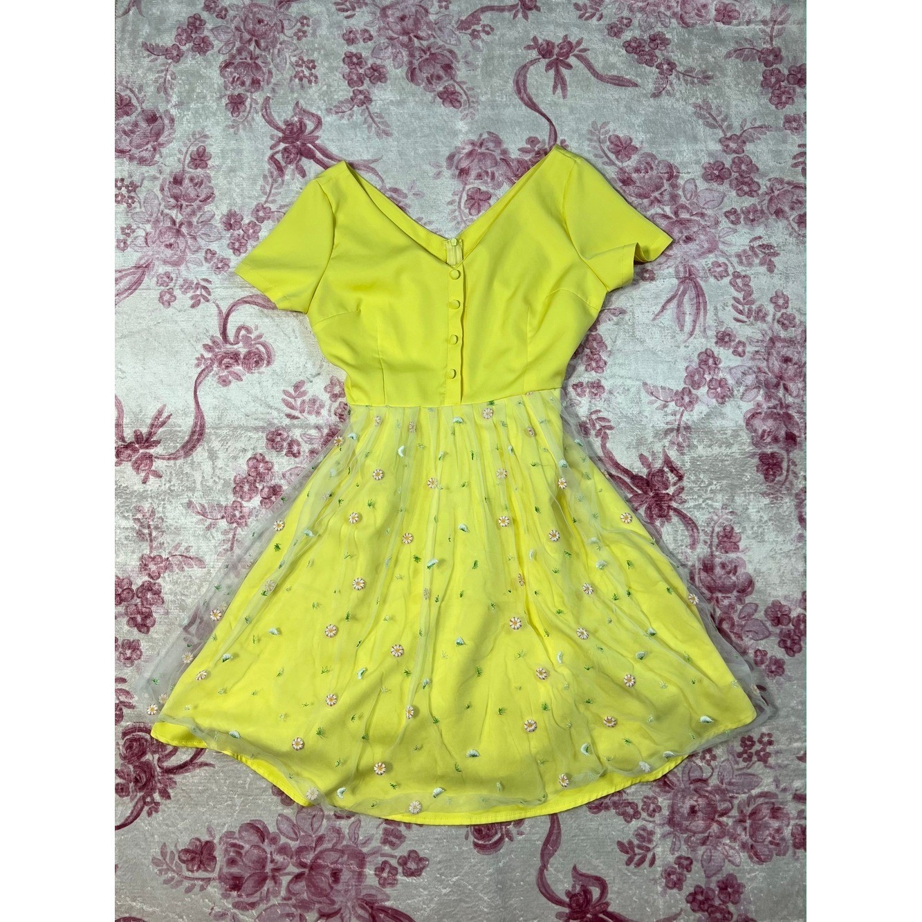 Source Unknown Bright Yellow Embroidered Mini Dress