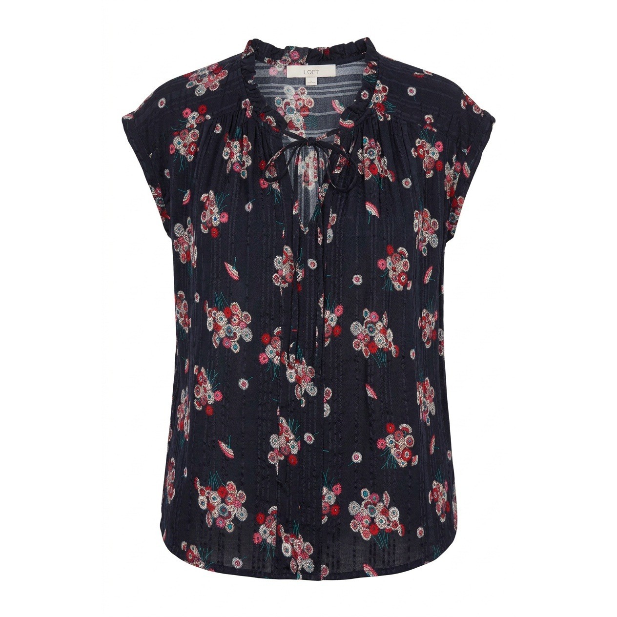 Loft Black Floral Ruffle Neck Tie Front Dobby Stripe Sleeveless Blouse Small