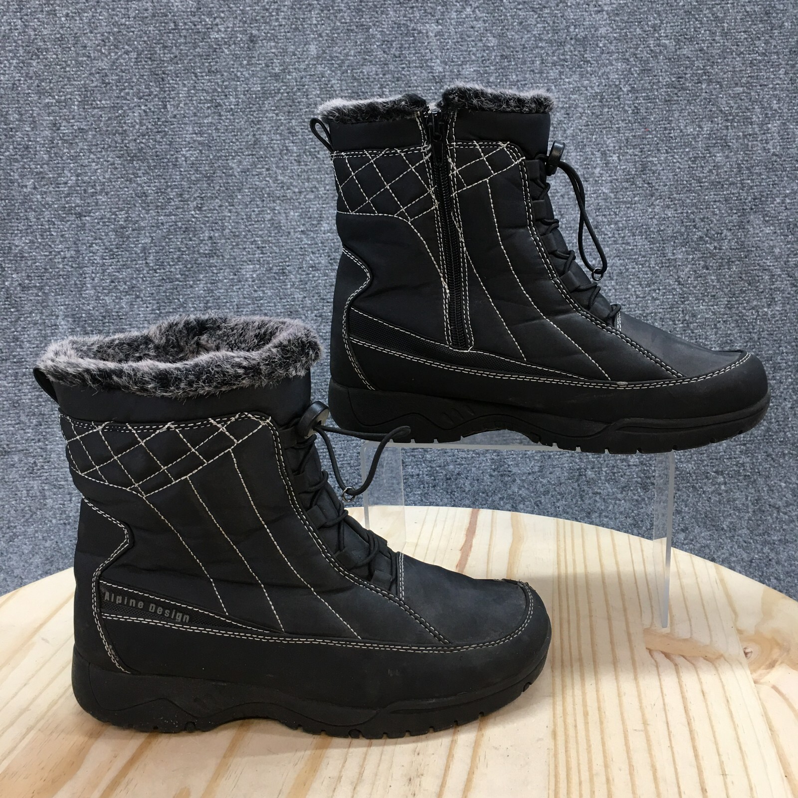 Alpine Winter Snow Boots Womens 8 Eve Black Faux Leather Lace Up Faux Fur Wedge