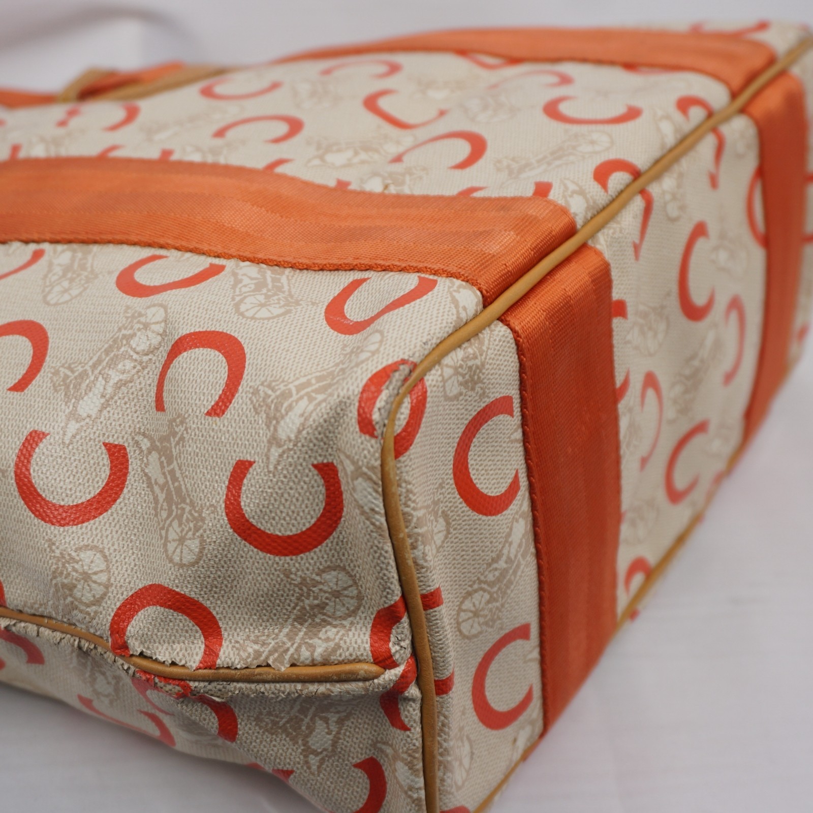 CELINE C Sulky Carriage Horse Tote Bag Coated Canvas Leather Orange Auth