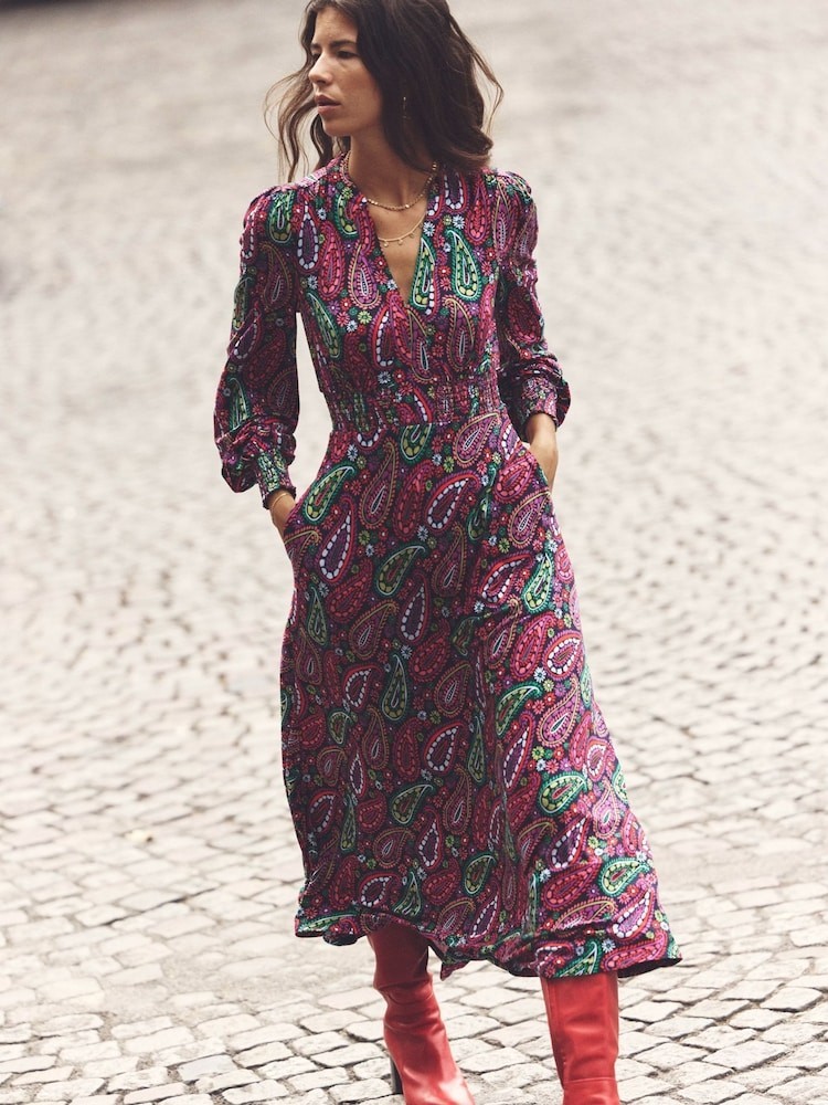 Boden Womens Midi Dress UK 12R US 8R Red Paisley Ivy Smocked V Neck D1034 NWT