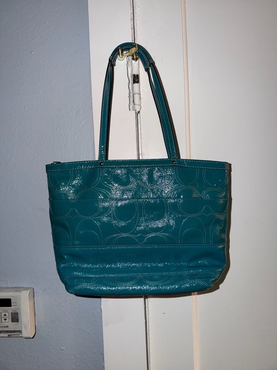 Coach Signature Gallery Stitched Patent Leather Tote Bag Teal F19198