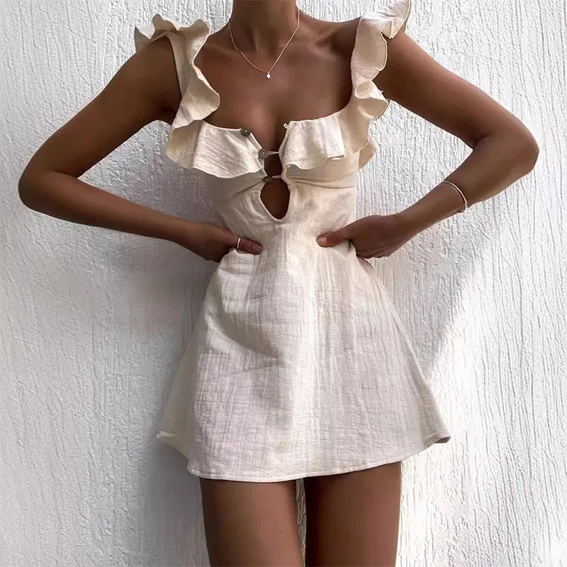 Women Hollow Out Button Ruffle Mini Dress V-Neck Beach Summer Dress