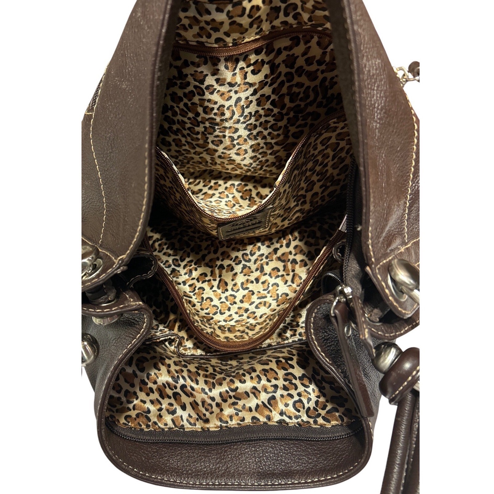 VTG Celsius Brown Genuine Leather Hobo Shoulder Bag Tassel Leopard Print Lining