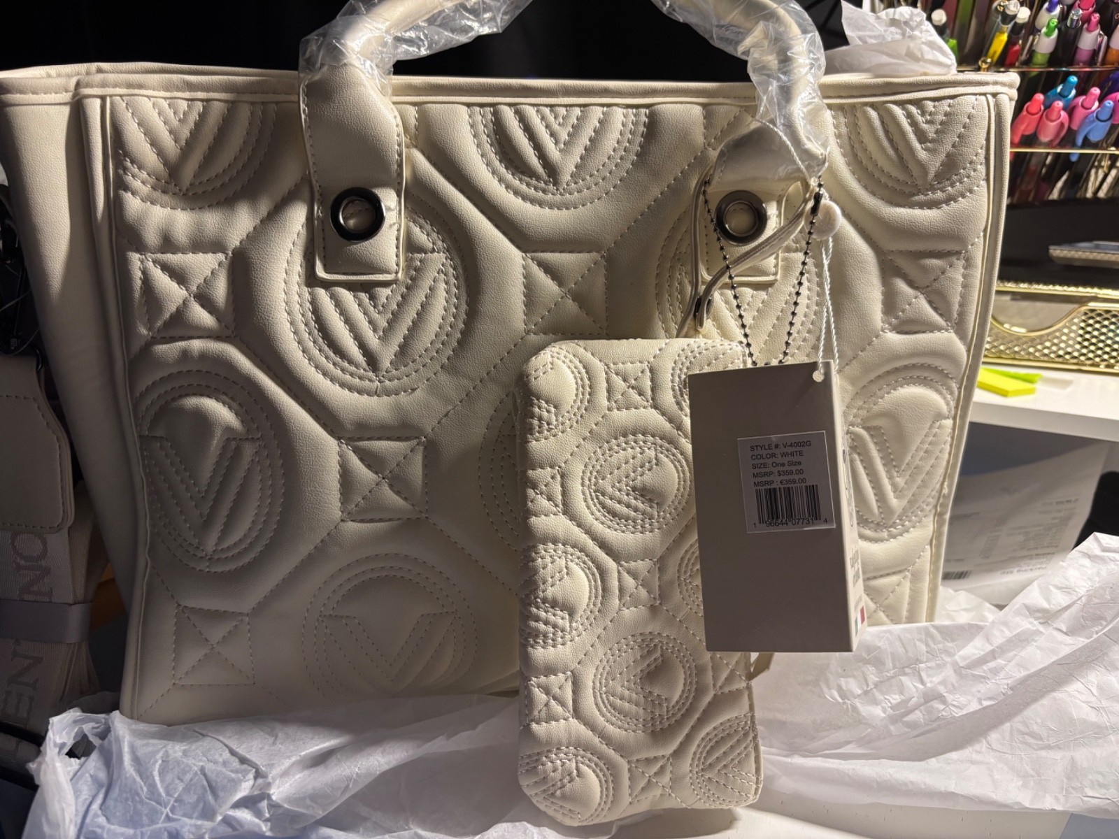 NWT Valentino Orlandi Large Quilted Tote Bag With Matching Wallet White